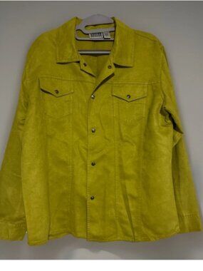 Chico’s Design Women’s Top Long Sleeve Color Olive Green Snaps Suede feel Size 2